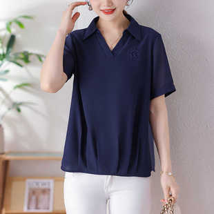 V领短袖衬衫女夏装新遮肚子雪纺衫气质上衣妈妈洋气高端别致小衫