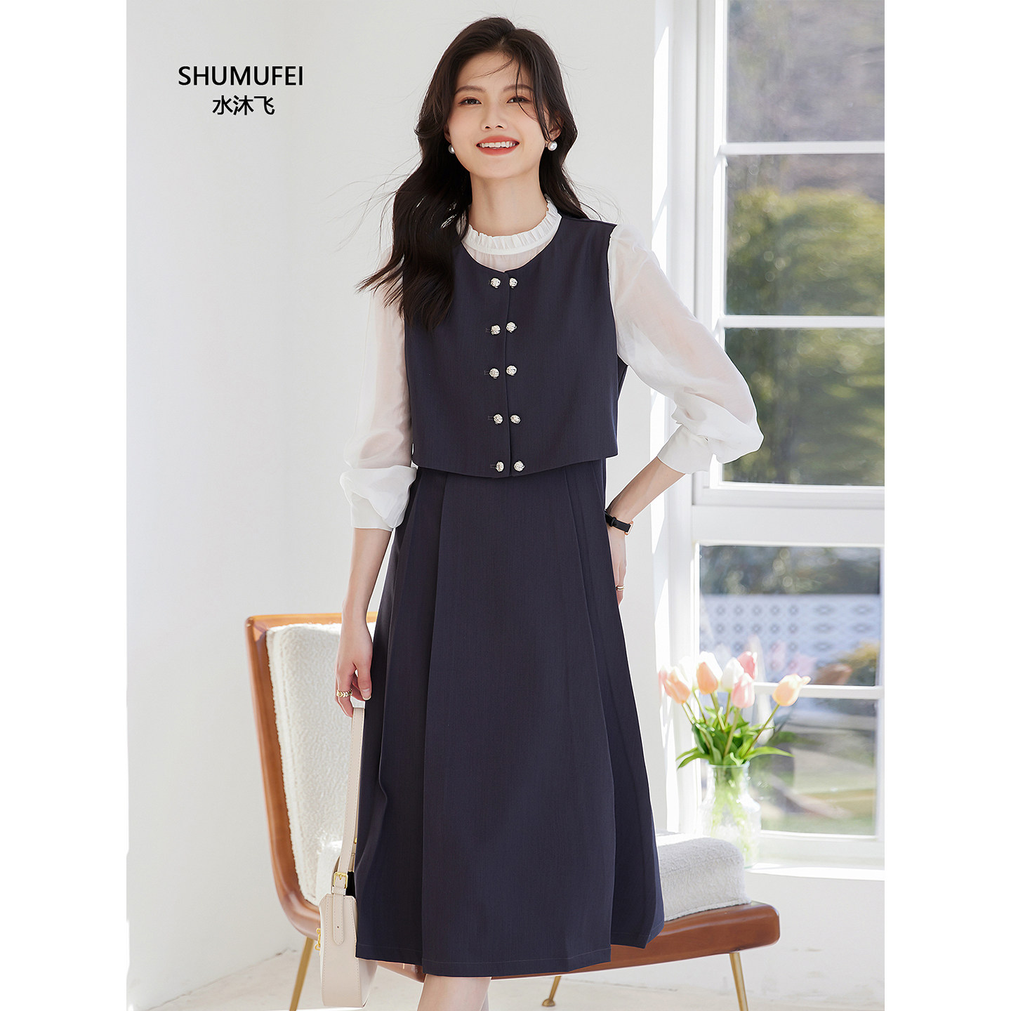 法式高级感衬衫灰色西装连衣裙女装秋季2025年新款长款假两件裙子