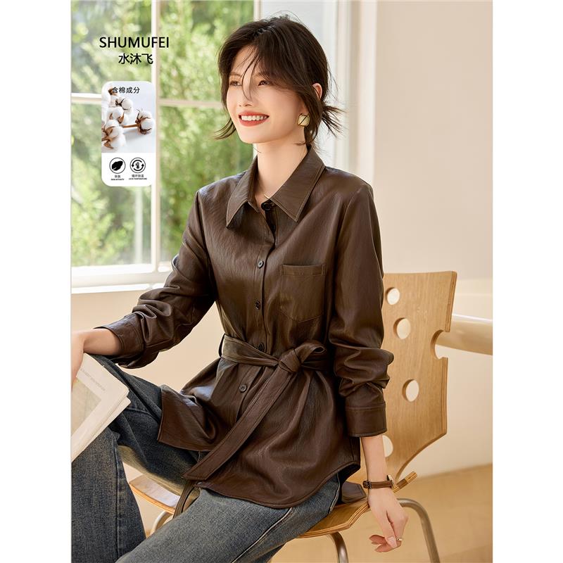 美拉德风咖色皮衣外套女酷飒风复古机车服绑带皮夹克束腰上衣早秋