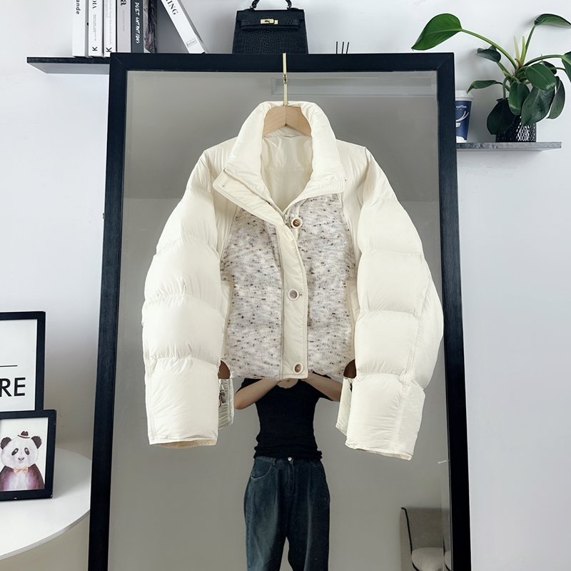 针织拼接羽绒服女短款2025新款时尚加厚宽松面包服90白鸭绒冬外套