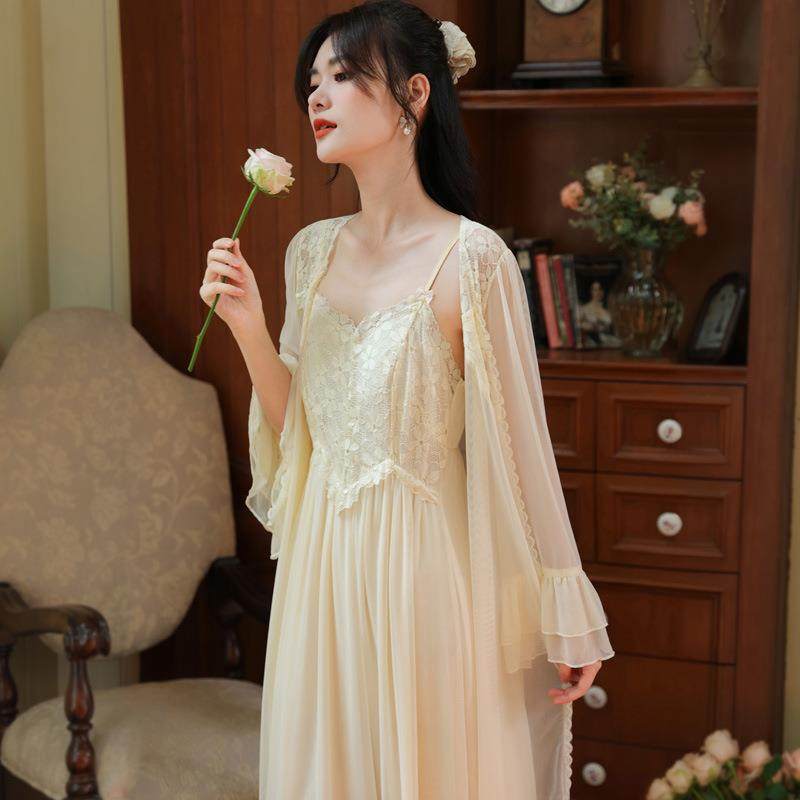长袖睡袍女秋胸垫吊带裙法式宫廷风睡衣网纱晨袍外穿家居服套装春,女士内衣/男士内衣/家居服,睡袍/浴袍,淘宝优惠券,粉丝福利购,淘宝优惠卷