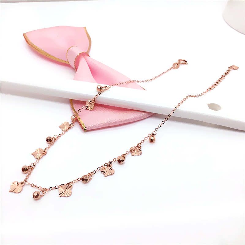 流苏车花纹桃心珠珠脚链14K