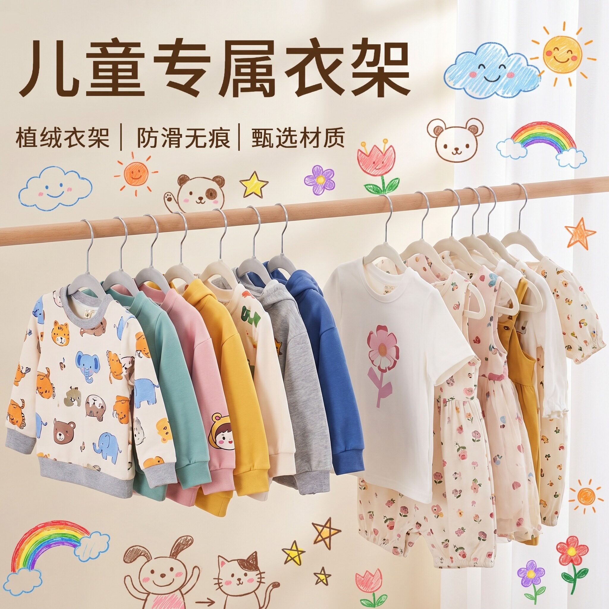 儿童衣架宝宝婴幼儿新生专用中大童植绒防滑无痕无痕挂衣服晾衣撑
