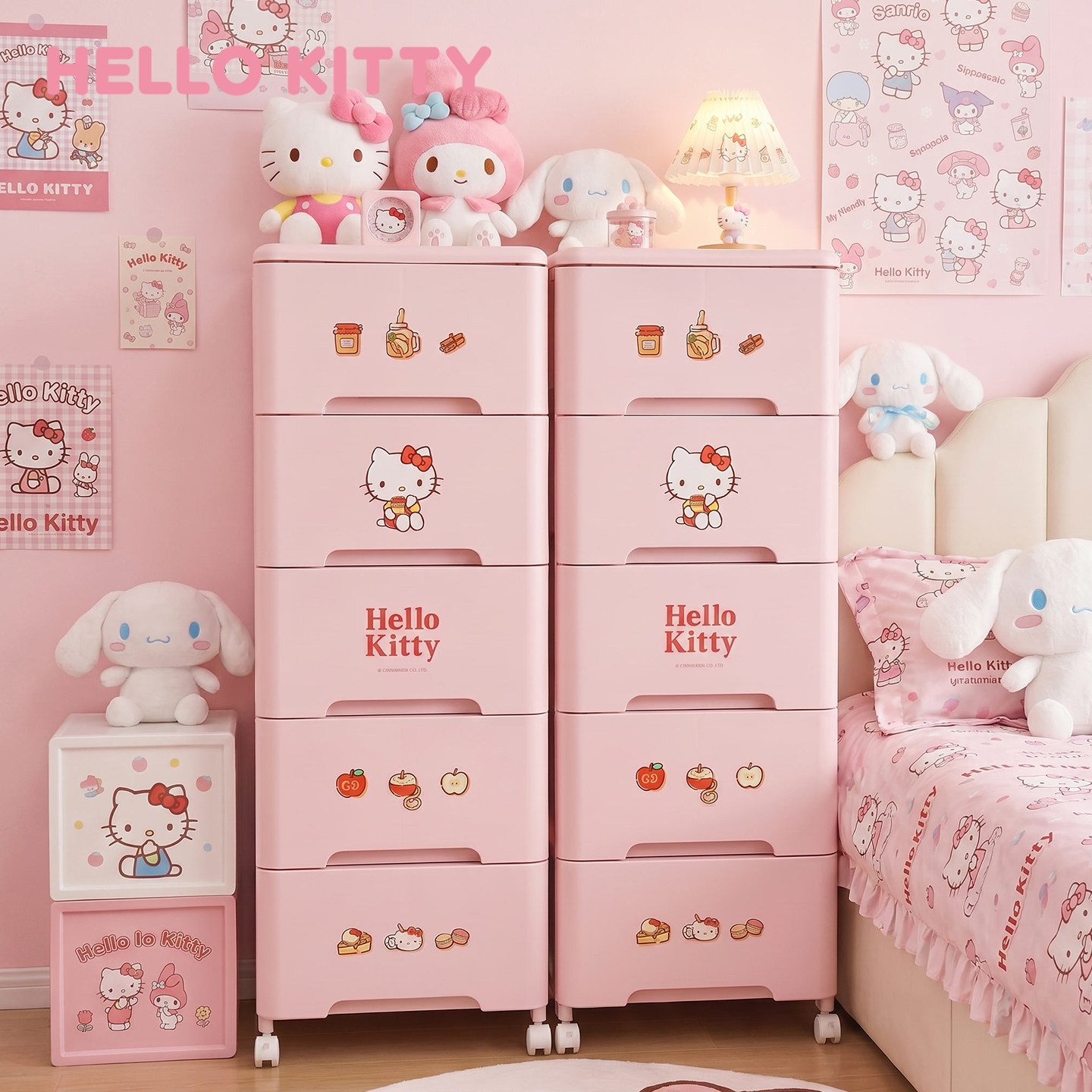 Hellokitty床头柜多层移动抽屉式收纳柜夹缝五斗柜玩具靠墙储物架