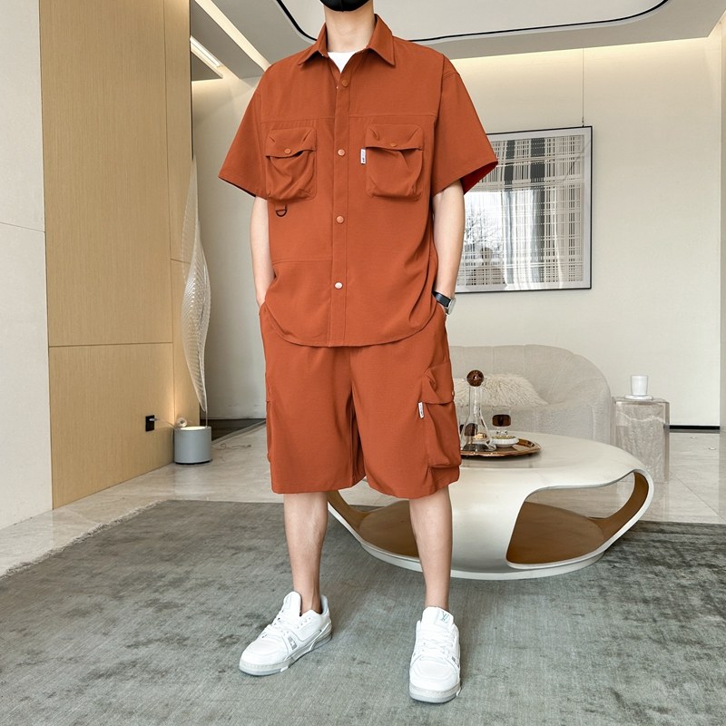 情侣工装套装短裤开衫百搭户外休闲运动翻领夏季衬衫短袖新男薄款