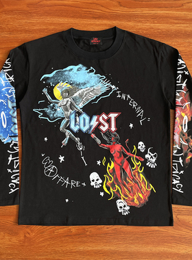 Lost intricacy 洗水复古风天使与魔鬼印花纯棉长袖T恤