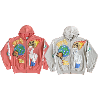 VERTABRAE COSMIC ZIP UP HOODIE 地球骷髅陨石发泡印花连帽卫衣