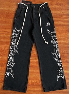 HELLSTAR STUDIOS 侧边印花图案抽绳重工洗水复古高街牛仔裤