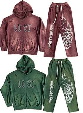 Lost intricacy Hoodies 镶钻洗水破洞休闲拉链连帽卫衣长裤套装