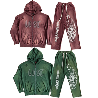 Lost intricacy Hoodies 镶钻洗水破洞休闲拉链连帽卫衣长裤套装