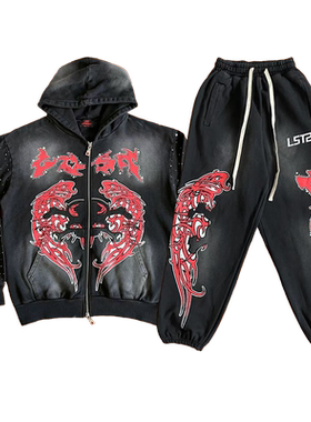 Lost intricacy Hoodies 镶钻洗水休闲拉链连帽卫衣长裤套装