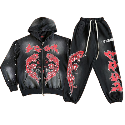 Lost intricacy Hoodies 镶钻洗水休闲拉链连帽卫衣长裤套装