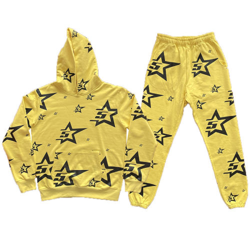 Sp5der YELLOW 5STAR ZIP HOODIE美式五角星logo纯棉卫衣长裤套装