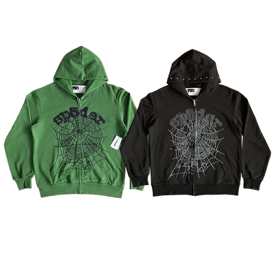 Sp5der 555555  Zip Up Hoodie 经典蜘蛛网印花拉链纯棉连帽卫衣