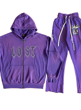 Lost intricacy 镶钻洗水休闲拉链连帽卫衣长裤套装