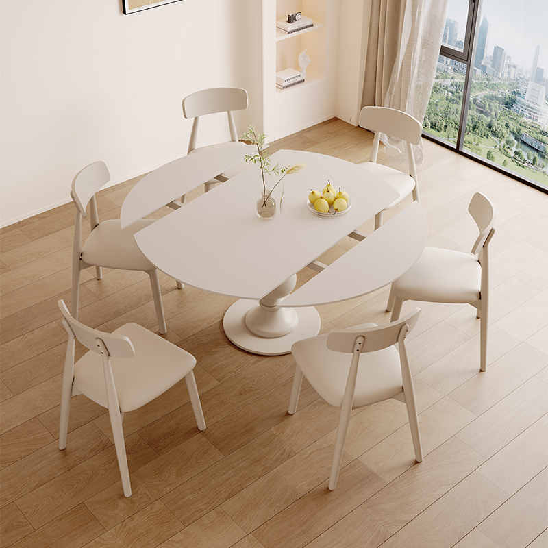 旋转伸缩岩板餐桌现代简约轻奢方圆可配转盘侘寂风家用实木餐桌椅
