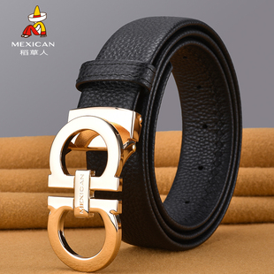 稻草人加长皮带男士真皮平滑扣头层牛皮板扣打孔腰带商务简约裤带