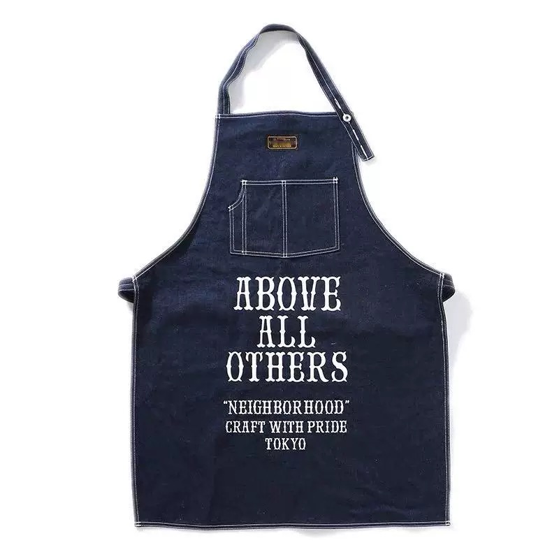 潮牌NBHD复古水洗牛仔面料字母印花咖啡店工作服工装围裙工匠罩衣