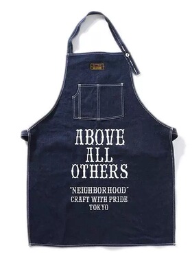 潮牌NBHD复古水洗牛仔面料字母印花咖啡店工作服工装围裙工匠罩衣