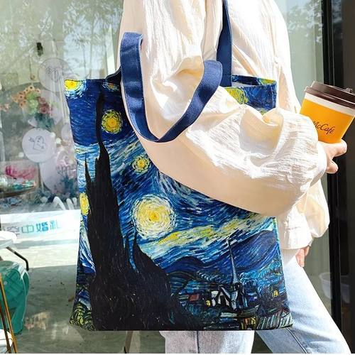 梵高油画星月帆布袋单肩学生资料袋大容量手提袋补习购物袋美术袋