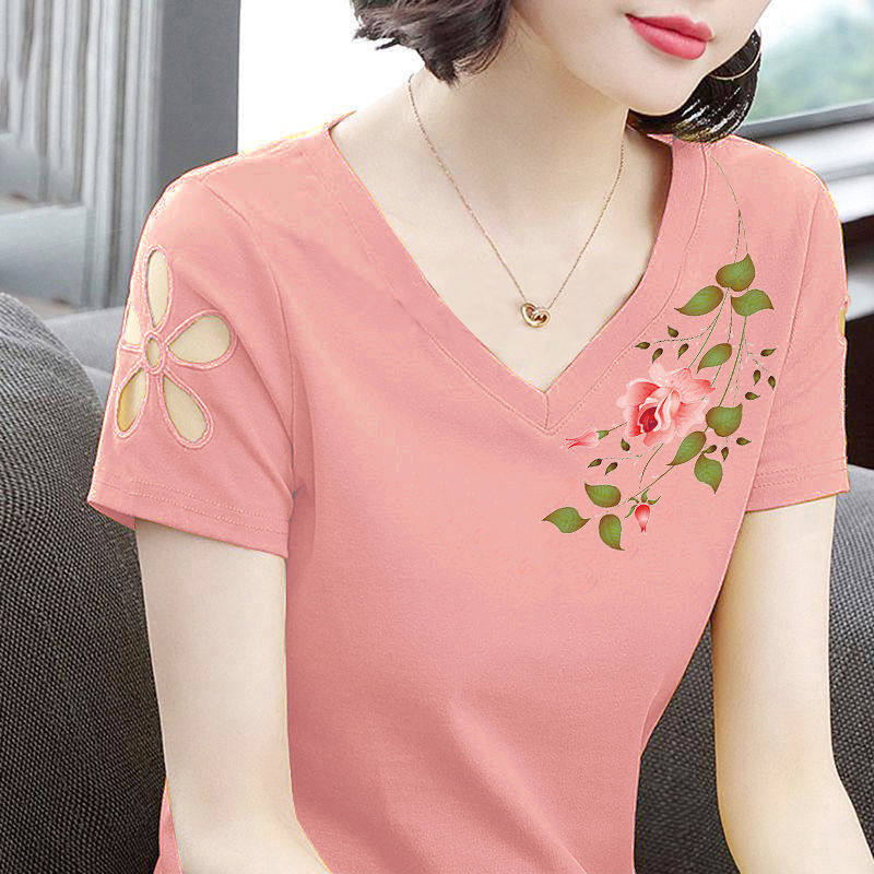 妈妈纯棉短袖T恤女士夏装新款修身显瘦V领中年大码休闲半袖打底潮