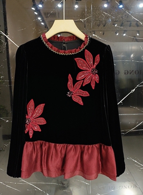 2026春新款时尚气质小香风花边领立体花朵桑蚕丝丝绒小衫女10258