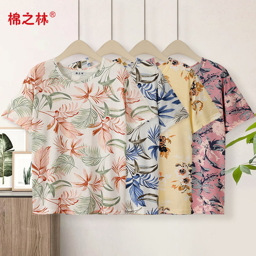 夏季莫代尔短袖T恤女印花半袖背心中老年人宽松加肥汗衫弹力打底