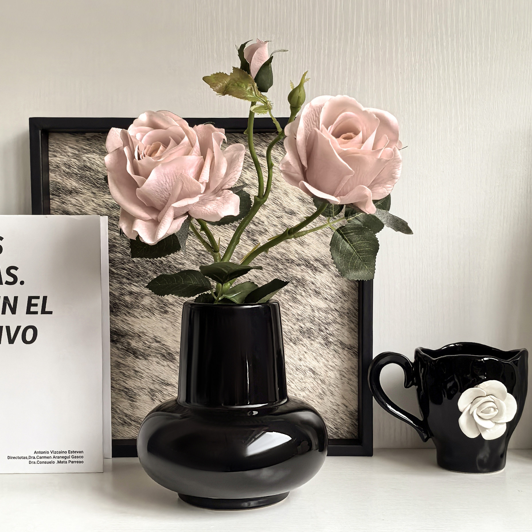 态生活轻奢ins风圆肚陶瓷花瓶花束玄关客厅摆件仿真玫瑰插花花器