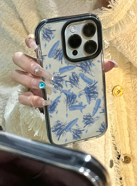 小众艺术蓝色飘逸羽毛适用iphone16promax苹果13手机壳11新款14pro女12pro透明黑边15plus硅胶软壳防摔保护套