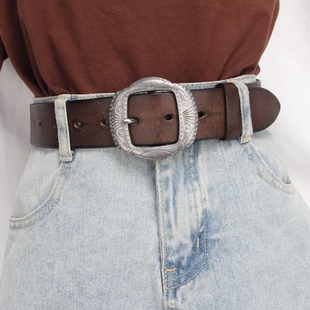 纯牛皮手工头层牛皮皮带女复古雕花银扣简约百搭真皮宽腰带裤 带男