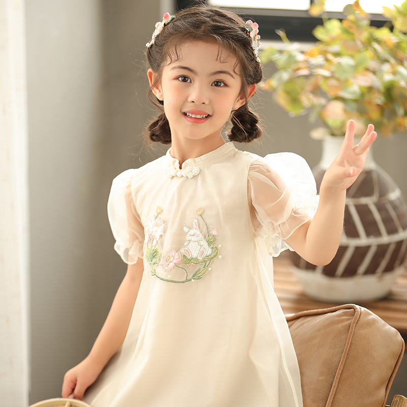女童古典刺绣连衣裙改良版旗袍式网纱裙2023夏季儿童古风仙气纱裙
