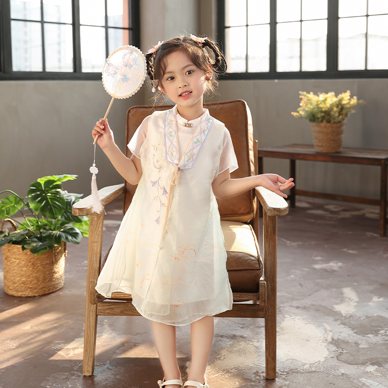 女童中国风旗袍式短袖可系带2022夏季新款古风儿童刺绣网纱连衣裙