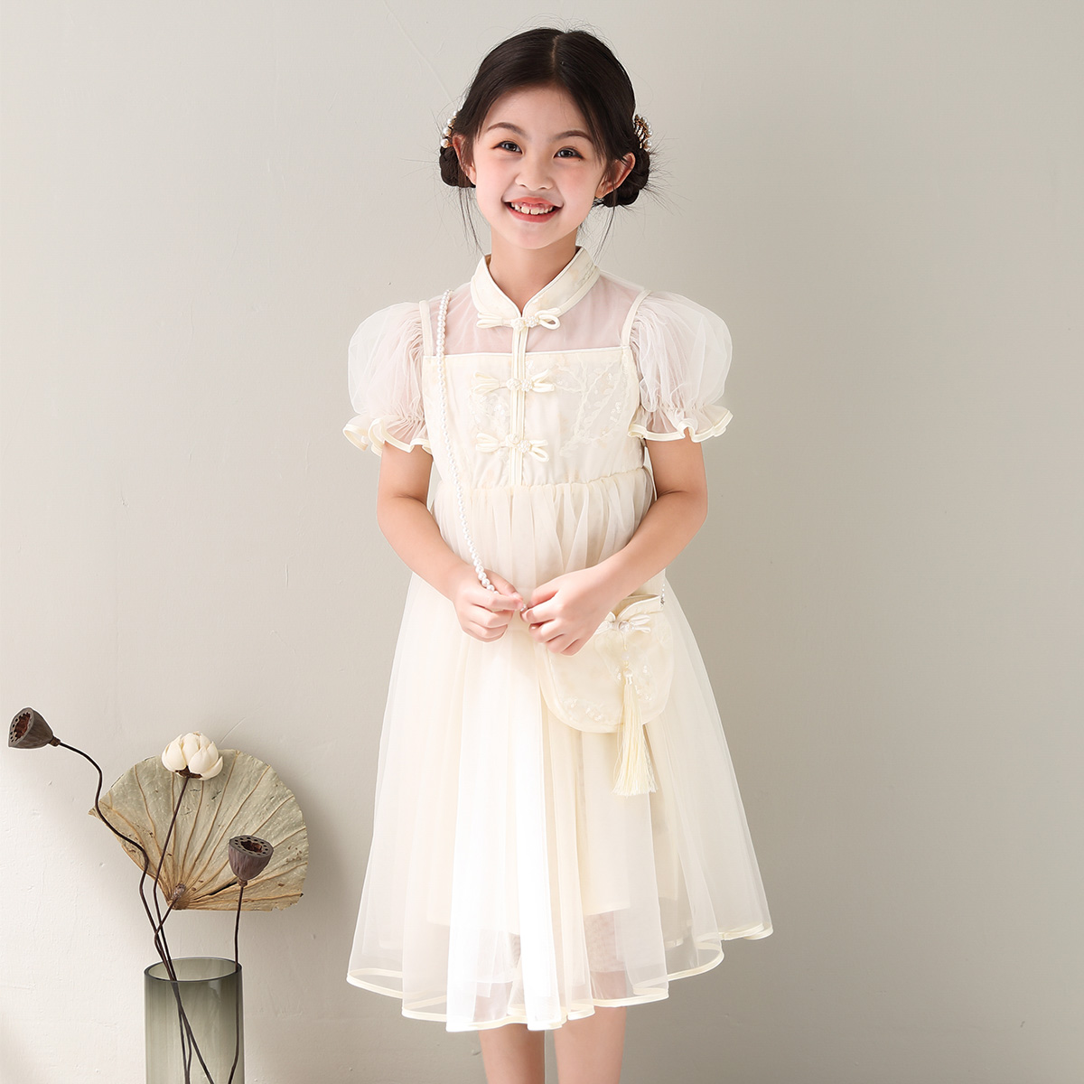 女童旗袍连衣裙2024夏季新款新中式裙子网纱公主裙碎花国风纱裙子
