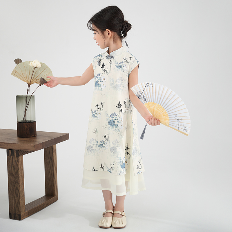 新中式女童旗袍裙中长款改良版汉服中国风2024夏季飒气碎花裙子