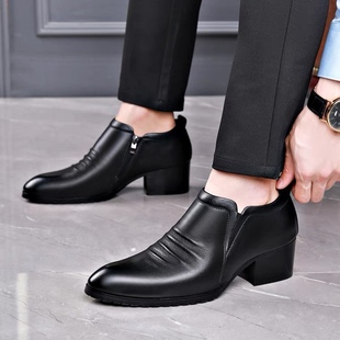 新款皮鞋男尖头韩版潮流内增高一脚蹬休闲鞋发型师高跟白色男鞋子