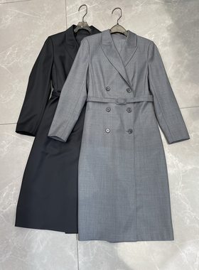 高端优雅干练气质OL通勤修身精纺羊毛风衣裙 两穿款双排扣连衣裙