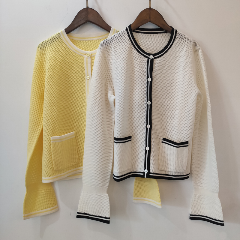 优雅甜美气质香风拼色圆领镂空针织开衫 超细羊毛羊绒真丝针织衫