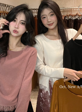 OCT/U.NI-冬上新捏褶拼接蕾丝下摆抓绒上衣小衫80164