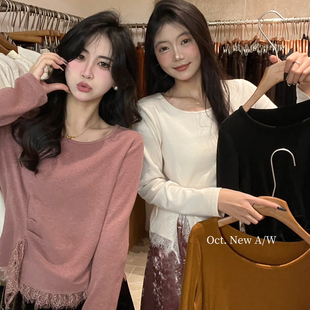 80164 冬上新捏褶拼接蕾丝下摆抓绒上衣小衫 OCT U.NI