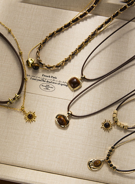 复古雅丹风太阳花虎眼石皮革项链女时尚叠戴choker颈链锁骨链