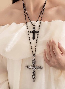 欧美跨境满钻十字架项链黑色暗黑哥特风多层串珠长款毛衣链感
