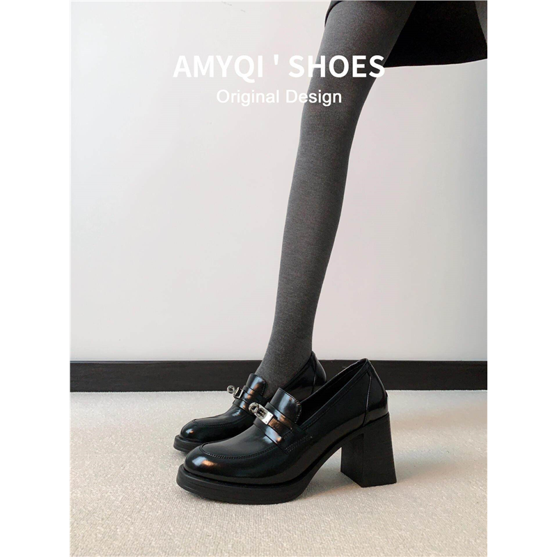 牛皮~复古真皮通勤黑色粗跟乐福鞋女萝莉新款厚底高跟单鞋小皮鞋,女鞋,乐福鞋（豆豆鞋）,淘宝优惠券,粉丝福利购,淘宝优惠卷