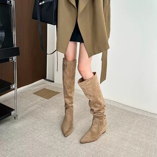 美拉德长筒靴女复古新款爆款显瘦棕色小个子内增高过膝高筒堆堆靴