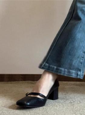 rubywu玛丽珍高跟鞋女粗跟方头黑色小皮鞋一字带真皮浅口单鞋春秋