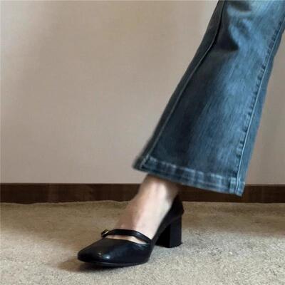 小皮鞋一字带真皮浅口单鞋春秋