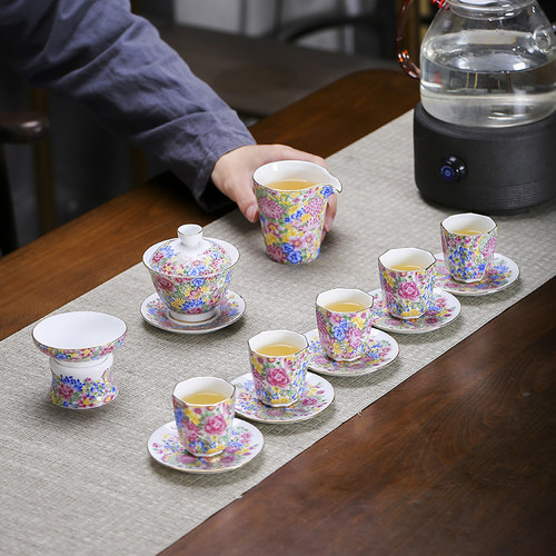 宫廷风珐琅彩万花茶具套装陶瓷