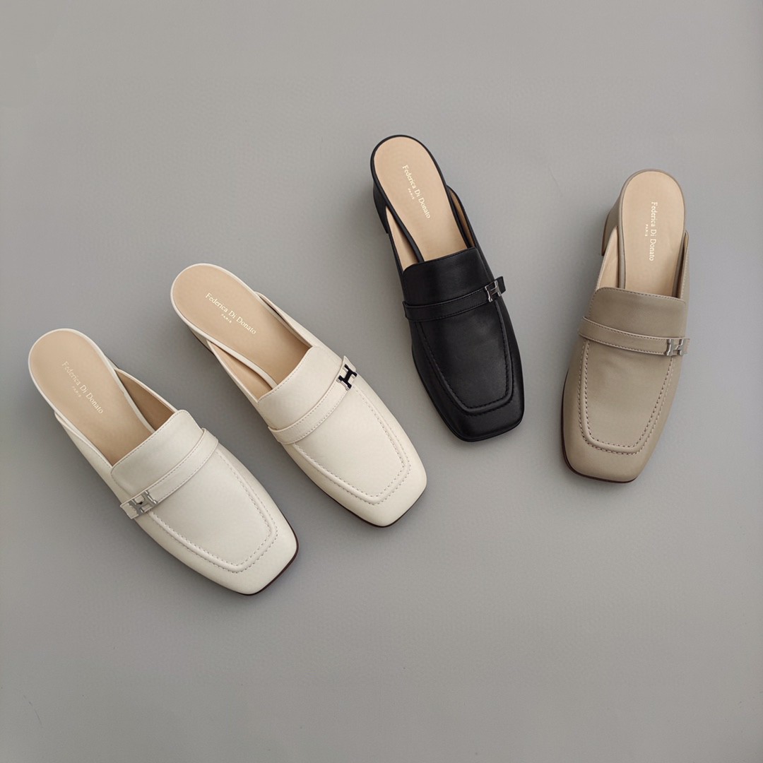 新款方头后空半拖真皮羊皮牛仔布金属扣带平底包头休闲穆勒拖鞋潮