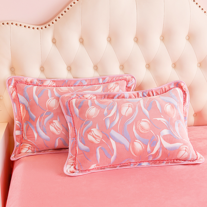 冬季加绒珊瑚牛奶绒枕套一对装