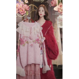 1225直播268高端双旦新品 120 福利玫瑰粉花卉毛衣半裙2件套80