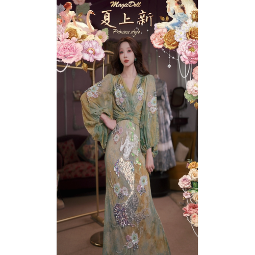 0726直播118洛可可早秋[中古人鱼]绿野仙踪刺绣高腰公主袖长裙